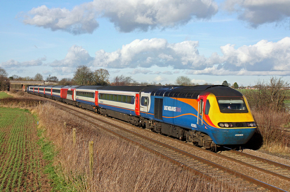 EMT HST with P.C.'s 43083 & 43066 at rear pass Thurmaston, MML heading towards Leicester on 3.2.16 with 1B53 1432 Nottingham - St Pancras International service. Note the interesting buffet car