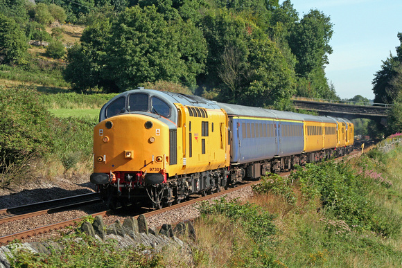 97301 leads with 97303 & 97304 on the rear through Chevin near Duffield on 15.8.08 with 5Z97 Derby RTC - Derby RTC via Sheffield test train
