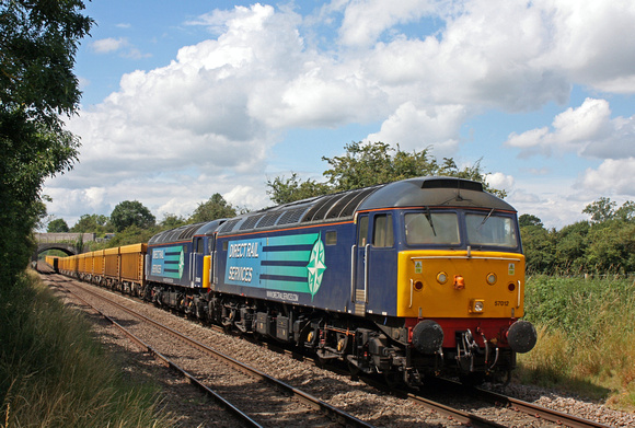 57012 & 57008 working in multiple speed down the hill at Narborough  on 7.7.14 with 6U76 0859 Crewe Bas Hall S.S.M. - Mountsorrel Sdgs empty IOA wagons running 78 mins late due to AWS problems
