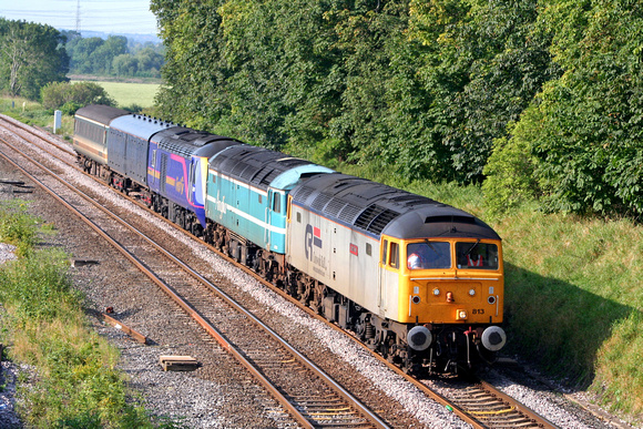 47813 John Peel with 47714, PC 43005 and 2 barrier coaches at Kegworth on 24.8.07 with 5Z86 1057 Landore - Loughborough Brush move