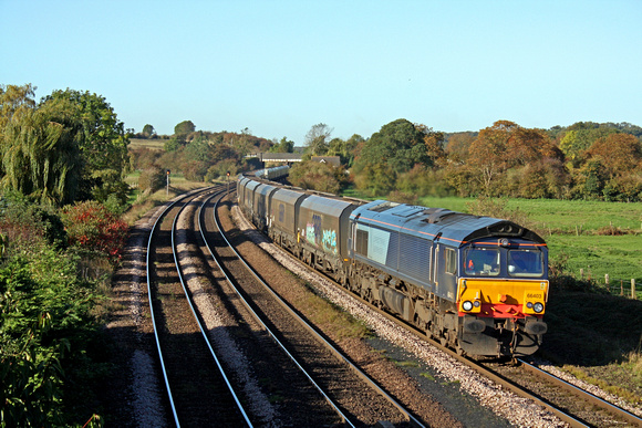 GBRf 66403 still in DRS colours at New Barnetby on 20.10.10 with 4R46 Eggborough Power Station - Immingham empty coal hoppers