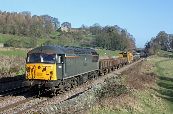 DCR 56312 'Jeremiah Dixon' heads the RailVac train with 31190 at the rear at Chevin heading towards Derby on 16.3.14 with 6Z41 0755 Wakefield Kirkgate - Chaddesden Sidings move