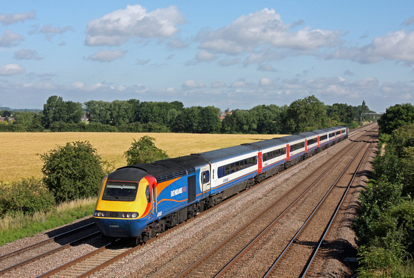 EMT 43083 with 43044 at rear is seen at Cossington, MML heading towards Leicester on 7.7.14 with 1B23 0634 Leeds - St Pancras International service