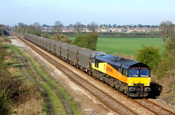 66841 in Colas livery at Saxondale heading towards Bingham on 13.4.10 with 6Z56 0602 Washwood Heath - Boston Docks empty steel carriers