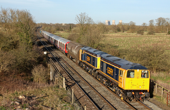 GBRf 20901 & 20905 with blue livery 20107 & 20096 at rear at Clay Mills near Burton Upon Trent on 19.3.14 with 7X09 1554 Derby Litchurch Lane - Amersham return S Stock after mods