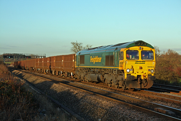 66564 nears Trowell Junction heading towards Toton Centre on 3.12.14 with 6M46 1254 Aldwarke U.E.S. - Crewe Bas Hall S.S.M. empty scrap wagons