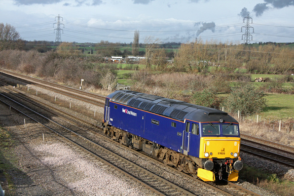 FGW 57605'Totnes Castle' runs round at Loughborough North on 27.1.12 with 0Z57 0930 Old Oak Common - Loughborough Brush move. The 57 is going to Brush Works for crash repair damage