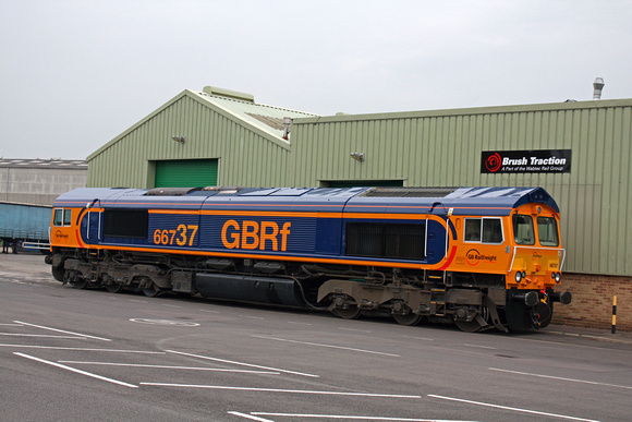 66737 in new GBRf Europorte livery after re-paint departs Loughborough Brush Traction on  15.4.11 with 0Z66 1550 Loughborough Brush - Peterborough. Note last 2 large digits of number