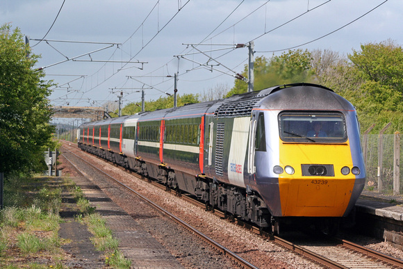 ECML HST 43239 in Nat Express livery with   43295 at rear at Chathill, Northumberland on 7.5.09 with 0952 Aberdeen - London Kings Cross service