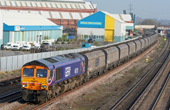 GBRf 66726 on hire to Fastline at Loughborough on 3.4.09 with 6A63 1544 Daw Mill Colliery - Ratcliffe Power Station loaded coal hoppers
