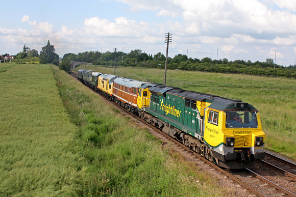70001'PowerHaul' with D5830, 37198, D8098, D1705 and D123 for loading testing  and other special tests at Woodthorpe, GCR on 5.7.12 running wrong line between Loughborough and Rothley