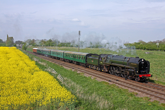 BR Standard Class 7 No 70013 'Oliver Cromwell' at Woodthorpe alongside a glorious yellow oil rapeseed field on 21.4.14 with 1545 Loughborough - Leicester North service at the GCR Easter Vintage Festiv