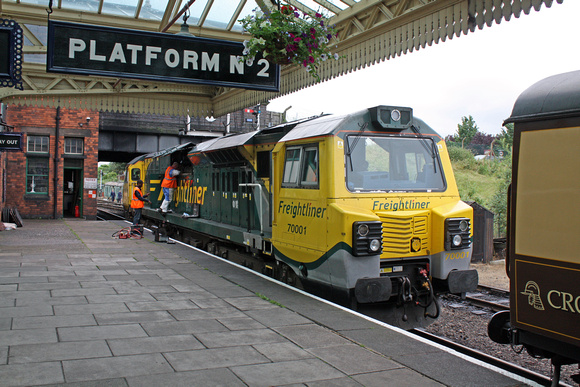 70001'PowerHaul' undergoes modifications at Loughborough Station, GCR on 4.7.12 before commencing special tests on the  double track preserved line
