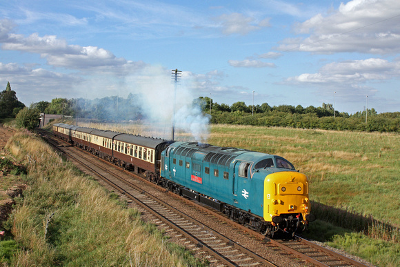 Special guest Deltic 55019 'Royal Highland Fusilier' shatters the peace with noise and clag at Woodthorpe on 11.9.16 with 2A41 1630 Loughborough - Leicester North service at the GCR Sept 2016 Diesel G
