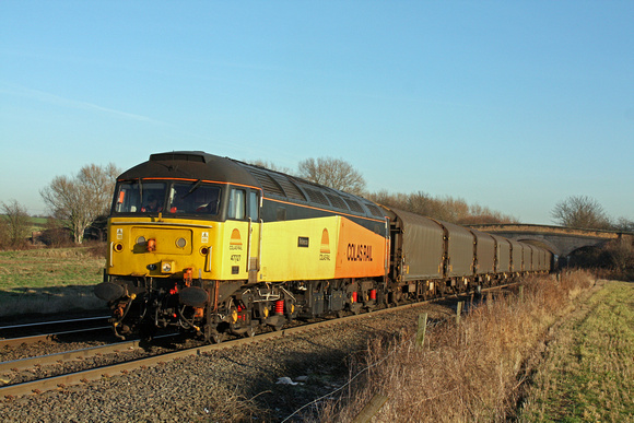 Colas Rail 47727'Rebecca' arrives at Stenson Bubble, on the Castle Donington branch' on 16.1.12 with 6M08 1152 Boston Docks - Washwood Heath with loaded steel carriers running via Burton Upon Trent