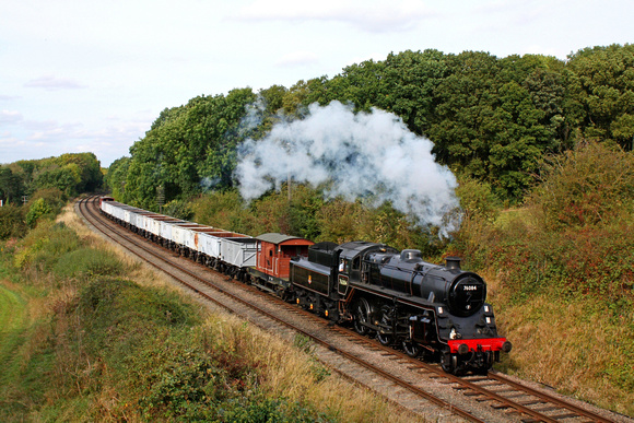 Guest loco BR Standard 4 No 76084 at Kinchley Lane on 5.10.14 with 1355 Loughborough - Swithland Sdgs demonstarion mineral 'windcutters' freight at the GCR Autumn Steam Gala 2 - 5 October 2014