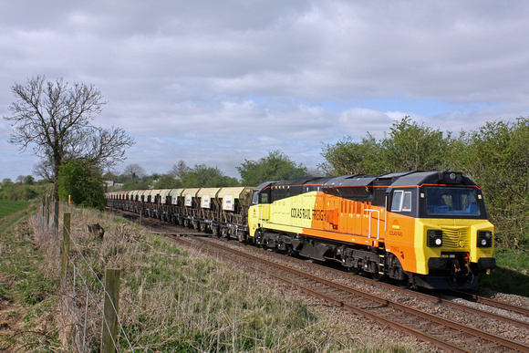 Colas Rail 70802 at  Narborough heading towards Leicester on Sunday 13.4.14 with 6C29 0845 Heyford to Mountsorrel Sdgs empty self discharge train