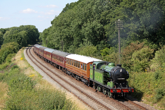 N2 1744 with Teak coach at Kinchley Lane on 24.7.11 with 1505 Loughborough - Leicester North service at the GCR Rail by MaIl 2011 gala