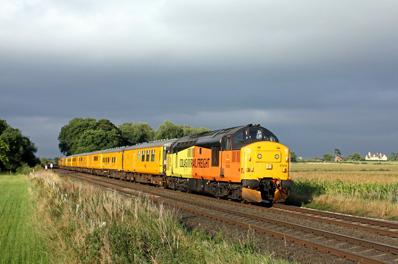 Colas Rail Freight 37219 with 37421 at rear leads a double test train past East Goscote near Syston East Junction on 5.9.16 with 3Z11 1628 Old Dalby - Derby R.T.C.(Network Rail) working under a dark s