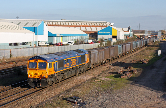 66732 in GBRf Europorte livery at Loughborough on 20.3.12 with 4E80 1320 Hotchley Hill (East Leake) - Doncaster Down Decoy Sdgs  empty gypsum containers having ran round at Humberstone Road, Leicester