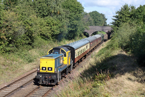 Guest Class 14 'Teddy Bear' No 14901 with D1705 at rear on 31.8.14 seen from A6 roadbridge, Loughborough  leads 1100 Loughborough - Rothley Brook local service at the GCR Diesel Gala Aug 2014