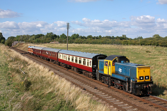 Guest Class 14 'Teddy Bear' No 14901 with D5830 at rear at Woodthorpe on 31.8.14 leads 1455 Loughborough - Rothley Brook local service at the GCR Diesel Gala Aug 2014