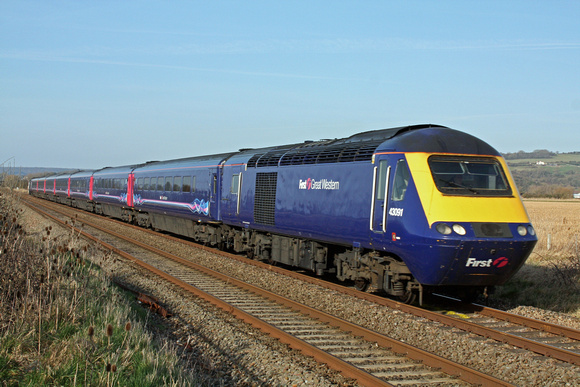 First Great Western HST 43091 & 43005 at Lympsham near Weston Super Mare on Sunday  11.3.12 with 1303 London Paddington - Plymouth via Bristol service