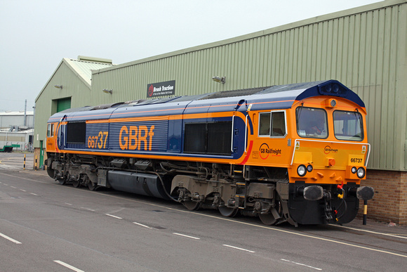 66737 in new GBRf Europorte livery after re-paint departs Loughborough Brush on  15.4.11 with 0Z66 1550 Loughborough Brush - Peterborough. Note last 2 large digits of number