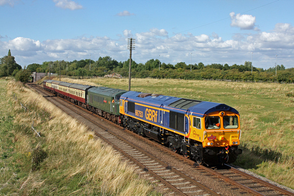 Guest GBRf 66753 pilots D123 at Woodthorpe on 31.8.14 with 1525 'Wedding Belle' Loughborough - Leicester North service at the GCR  Diesel Gala August 2014