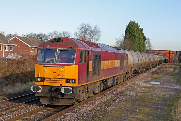 60024 at Branston Foot Crossing near Burton Upon Trent  on 14.12.11 with 6M57 0717 Lindsey Oil Terminal - Kingsbury Oil Sdgs loaded bogie tanks