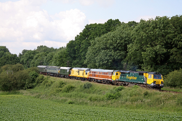 70001'PowerHaul' with D5830, 37198, D8098, D1705 and D123 for loading testing and other special tests at Kinchley Lane, GCR on 5.7.12 running wrong line between Loughborough and Rothley
