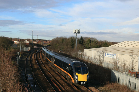 Grand Central Class 180 No 180106 at Seaham, on the Durham Coast, seen on 9.1.25 with 1A65 1230 Sunderland to London Kings Cross service