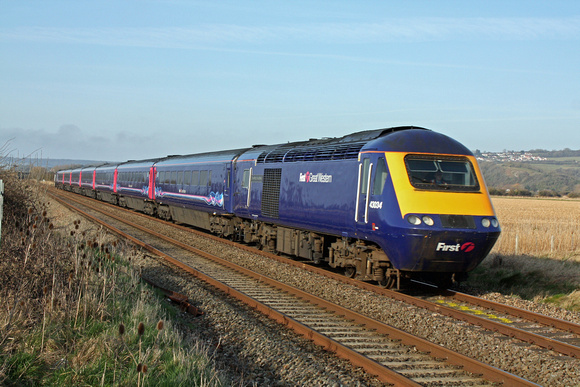 First Great Western HST 43034 & 43036  at Lympsham near Weston Super Mare on Sunday  11.3.12 with 1357 London Paddington - Plymouth service diverted via Bristol due to engineering works at Castle Cary