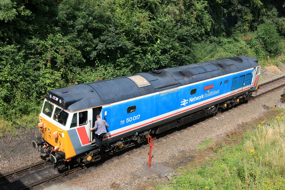 Preserved Class 50 No 50017 Royal Oak in NSE livery runs round at Leicester North on 27.7.24 having arrived with 1110 Loughborough to Leicester North GCR diesel service