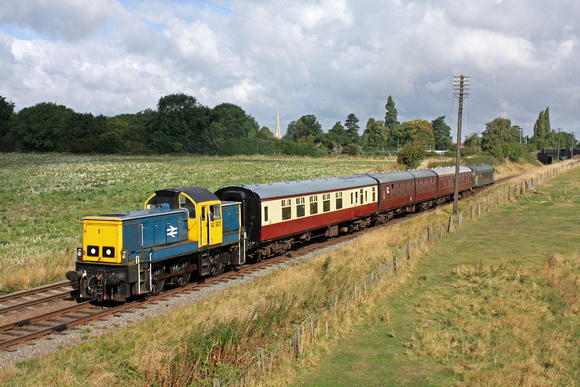 Guest Class 14 'Teddy Bear' No 14901 with D123 at rear at Woodthorpe on 31.8.14 leads 0955 Loughborough - Rothley Brook local service at the GCR Diesel Gala Aug 2014