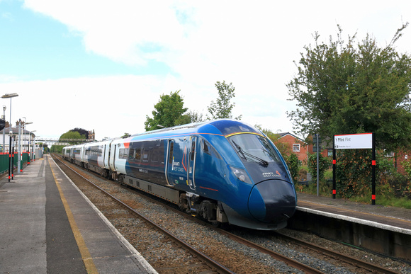 Avanti West Coast Class 805 Evero 805009 waits at Flint station, North Wales Coast on 10.7.24 with 1A50 1248 Holyhead to London Euston service. Flint station is being improved with brand new footbridg