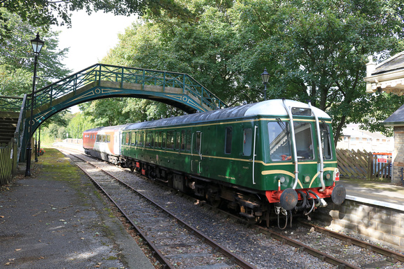 Class 122 DMBS E 55012 and Mk3 ex HST buffet coach, No 40701 at Stanhope station, Weardale Railway on 28.9.24 stabled