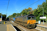 DRS 66429 Top n Tail with 66108 pass through Wrabness Station on the Harwich Branch on 6.10.22 with 3S60 0900 Stowmarket D.G.L. to Stowmarket D.G.L. RHTT working via Harwich, Southend and Clacton on S