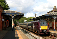 EMR Class 222 Meridians No's 222019 & 222014 power through Melton Mowbray station on 27.7.24 with diverted 1C29 0825 Sheffield to St Pancras International service due to electrification work iin Leice