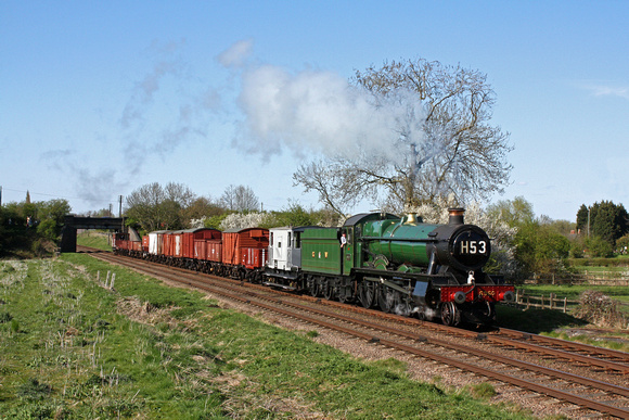 GWR Hall Class 4-6-0 No 6960 'Raveningham Hall' passes a lovely Spring like Woodthorpe on 18.4.15 with 1620 Loughborough - Swithland goods service at the GCR Railways at Work Weekend.