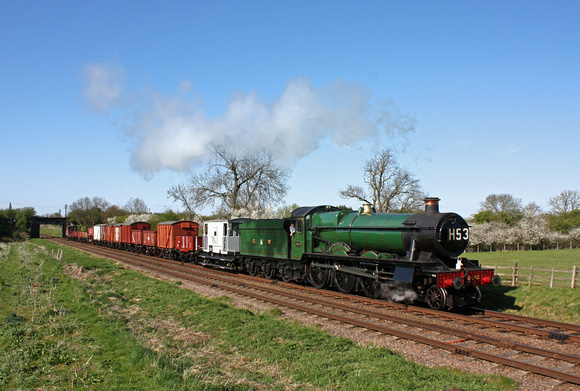 GWR Hall Class 4-6-0 No 6960 'Raveningham Hall' passes a very Spring like Woodthorpe on 18.4.15 with 1620 Loughborough - Swithland goods service at the GCR Railways at Work Weekend.