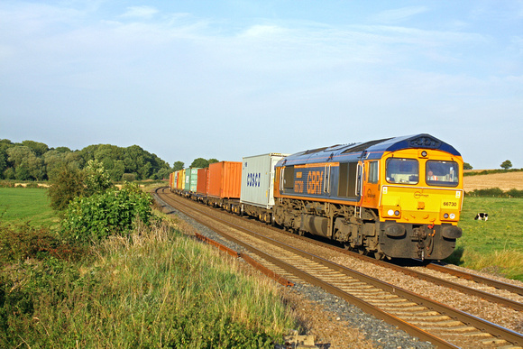 GBRf 66730'Whitemoor' at Rearsby heading towards Syston East Junction on 15.9.12 with diverted 4M26 SO 1218 Felixstowe - Hams Hall Intermodal some 112 mins late