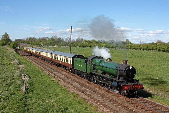 Guest loco GWR Hall Class 4-6-0 No 6960 'Raveningham Hall' is seen at Woodthorpe in the warm afternoon sun on 26.4.15 with 1615 Loughborough - Leicester North GCR service