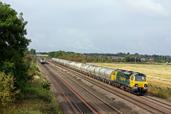 70003 on 26.9.12 seen at Cossington, MML  with 6L87 1237 Earles Sdgs - West Thurrock loaded PCA cement tanks. An uid HST heads north with 1315 London St.Pancras Int. - Notts service