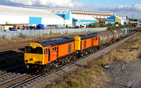 HN Rail 20311 & 20314 TnT 20107 & 20096 with 2 barrier tank wagons at Loughborough on 3.10.12 with 6Z20 1231 West Ruislip - Derby Etches Park movement