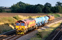 Euro Cargo Rail  66045 & 66245 t'n't  3J93 1203 West Ham N Junction - Toton TMD RHTT  on 9.10.12 at Hathern Old Station, MML north of Loughborough seen in the low sun and shadows