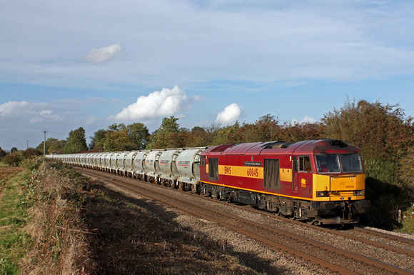 60045'The Permanent Way Institution' is seen at Ashwell near Oakham (Rutland) on 17.10.12 with  6F93 1103 St. Pancras Churchyard Cement Sdgs - Ketton Ward Sdgs empty Castle PCA cement tanks