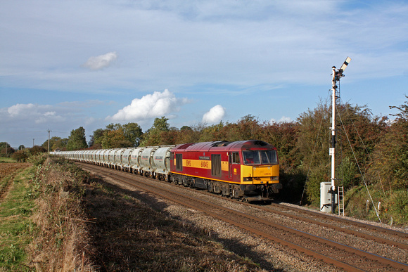 60045'The Permanent Way Institution' passes the signal at Ashwell near Oakham (Rutland) on 17.10.12 with  6F93 1103 St. Pancras Churchyard Cement Sdgs - Ketton Ward Sdgs empty Castle PCA cement tanks