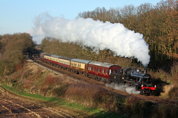 LMS Ivatt Class 2 No 46521 at Kinchley Lane on 2.12.12 with 1315 'The Elizabethan' Loughborough - Leicester North GCR dining train