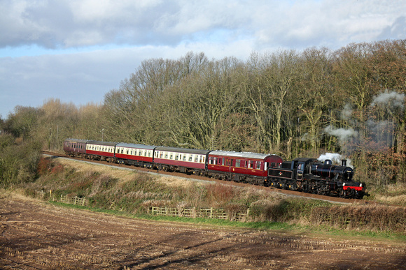 BR standard class 2 2-6-0 No 78019 at Kinchley Lane on 9.12.12 with 1315 'The Elizabethan' Loughborough - Leicester North GCR dining train about to stop on Swithland Viaduct